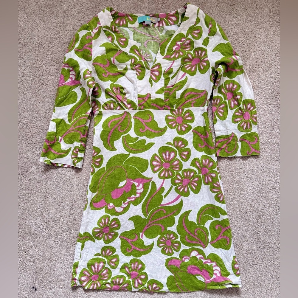 Vintage Boden Green & Pink Floral Tunic Mini Dress 100% Linen Y2K 70s - Picture 4 of 10